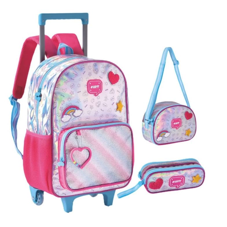 Kit Mochila De Rodinhas Brilhosa Menina Lancheira e Estojo Volta Às Aulas 2026
