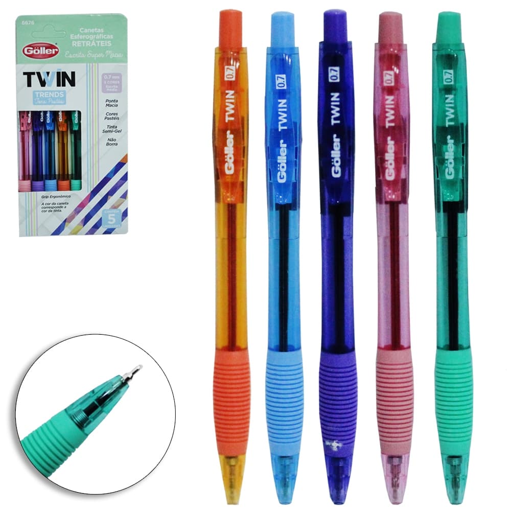 Caneta Esferográfica Twin Trends Retrátil 0.7mm – Conjunto com 5 Cores Pastel