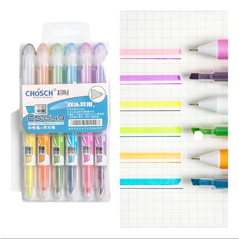 Kit 6 Caneta de Gel Dupla Ponta Fina 0,5mm Marcatores Coloridos Material Escolar Papelaria