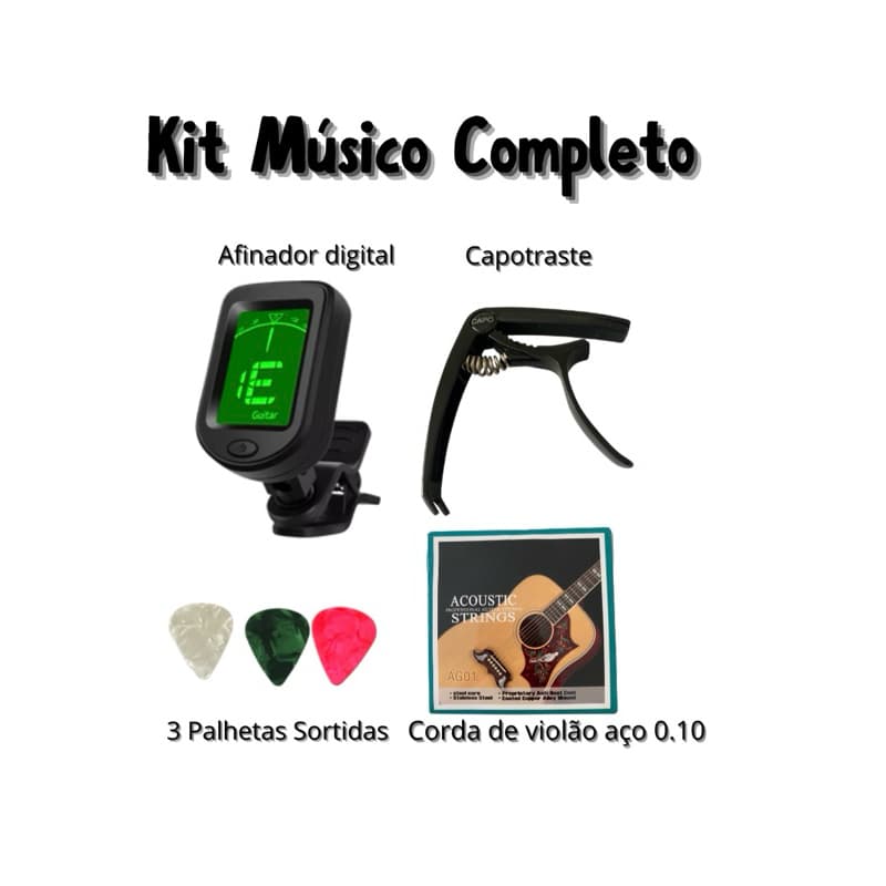 Kit Músico Completo Violão | Afinador Digital + Capotraste + Cordas Aço 0.10 + 3 Palhetas
