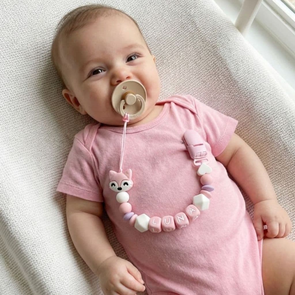 Prendedor de Chupeta de Silicone Macio e Mordedor Personalizado com Nome do Bebê Raposa BPA FREE