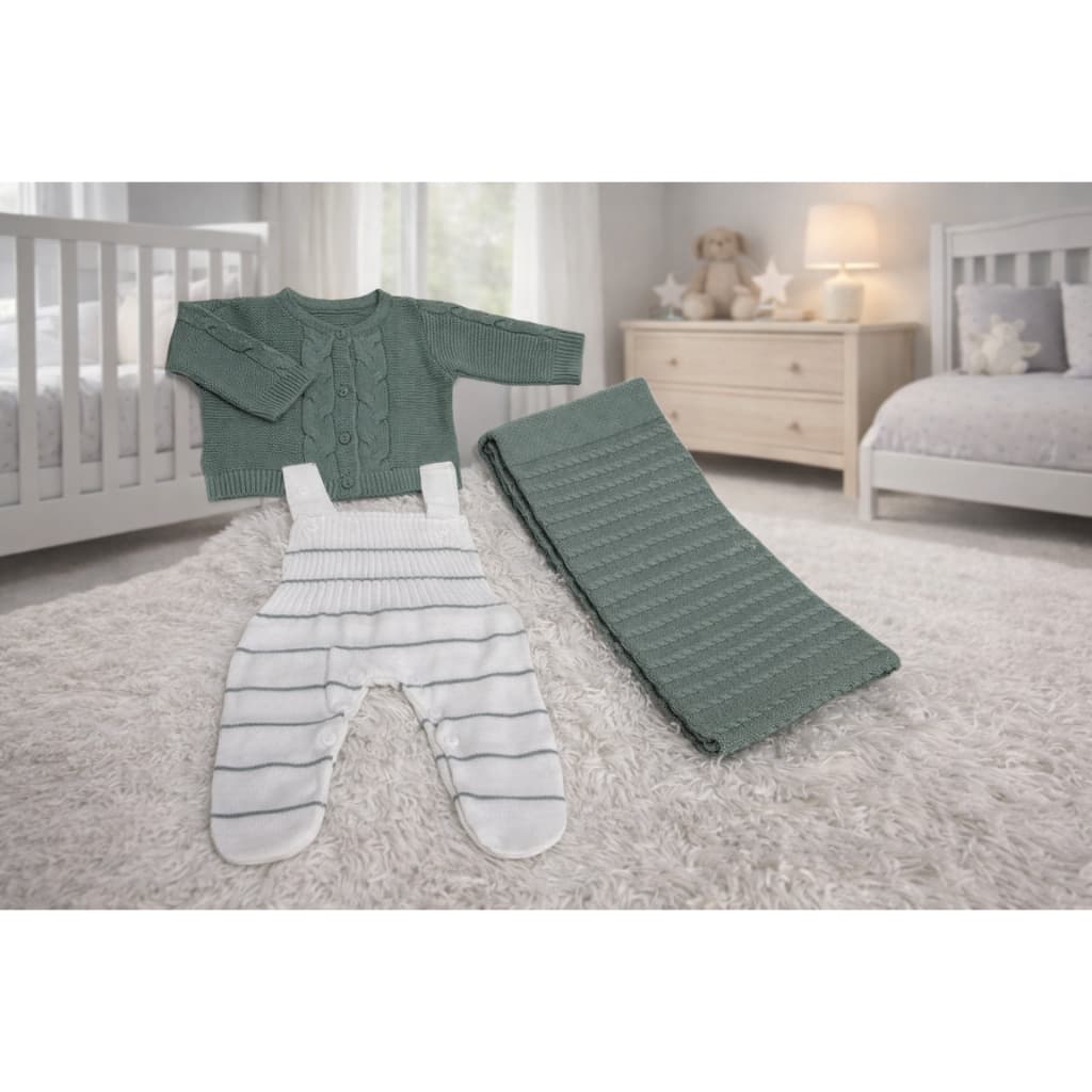 SAIDA MATERNIDADE 3 PÇS TRICOT LUXUOSO TRABALHADO ACONCHEGANTE PARA MENINO