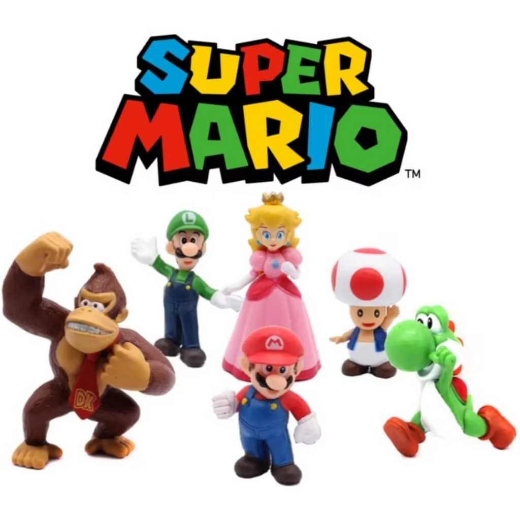 Kit 6 Bonecos Mario Bros Luigi Yoshi Donkey Kong Cogumelo Princesa Miniatura Action Figure Coleção