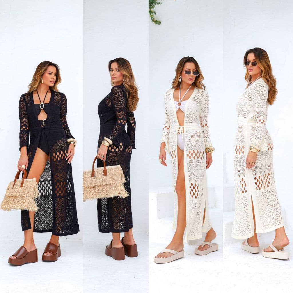 Saída de Praia Croche Premium Longa Elegante Feminina com Mangas Compridas Estilo Quimono