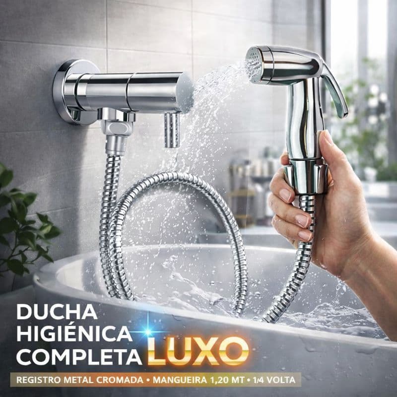 Ducha Higiênica Completa Luxo com Registro em Metal Cromado e Mangueira de 1,20 m 1/4 de Volta 1381