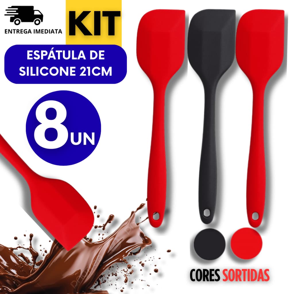 Jogo 08 Unidades -  Espátula Reta 27cm de Silicone Casa Cozinha Buffet Restaurante Multiuso Utilidades Cores Sortidas