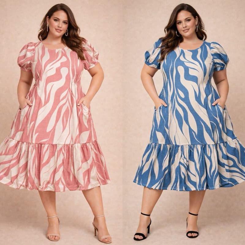 Vestido midi PLUS SIZE lançamento verão manga curta babado moda evangélica estampado tamanho 46 a 54