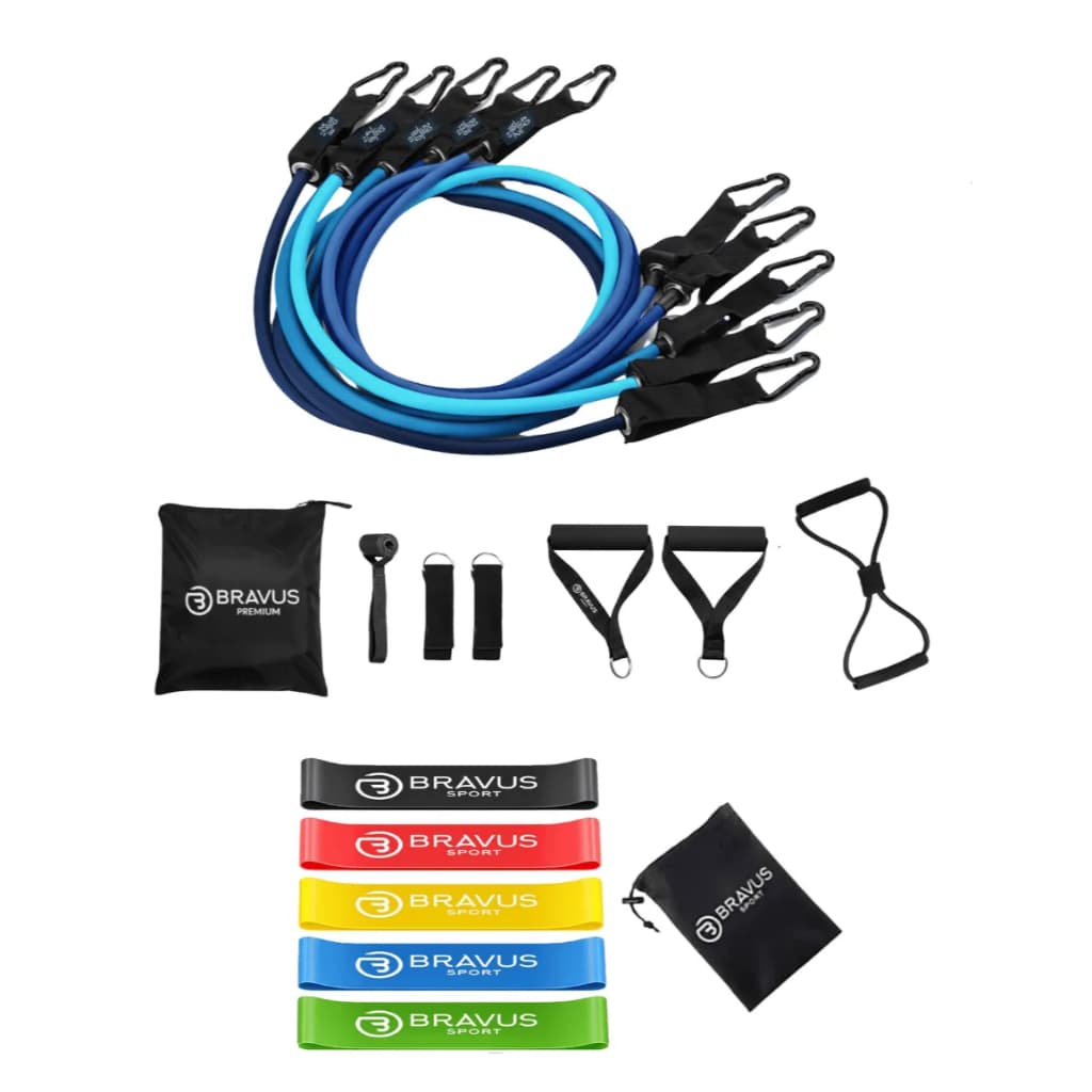 Kit Tubing Premium 12 Peças + 5 Mini Bands com Sacolinha Elastico Extensor Bravus Sport