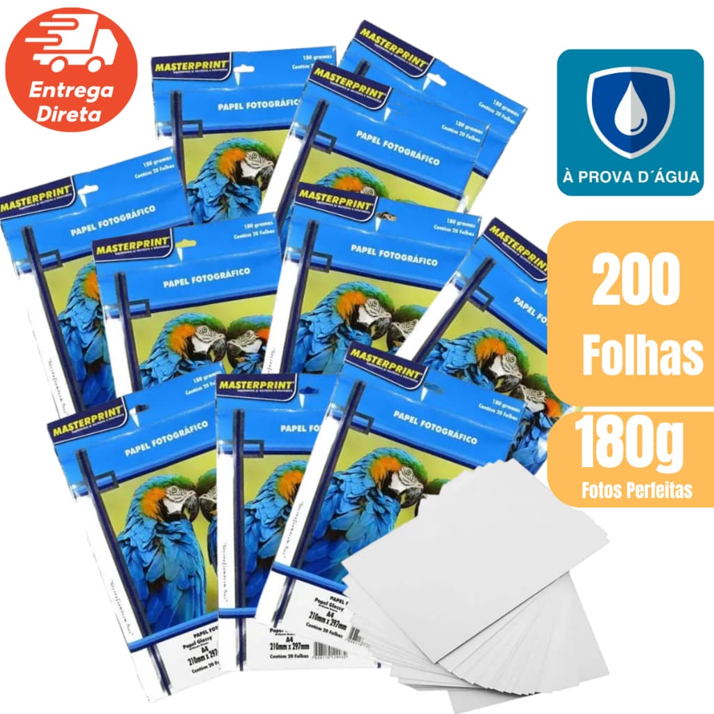 Papel Fotográfico A4 Glossy 180g Premium Brilho à Prova D'água 20/40/80/100/200 Folhas Masterprint