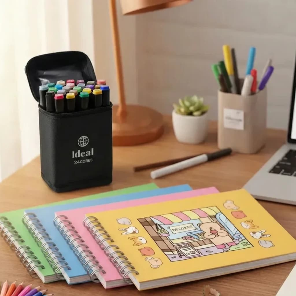 Kit Livro de Colorir 50 Folhas + 24 Canetas Hidrográficas Presente Ideal para Crianças Menino Menina