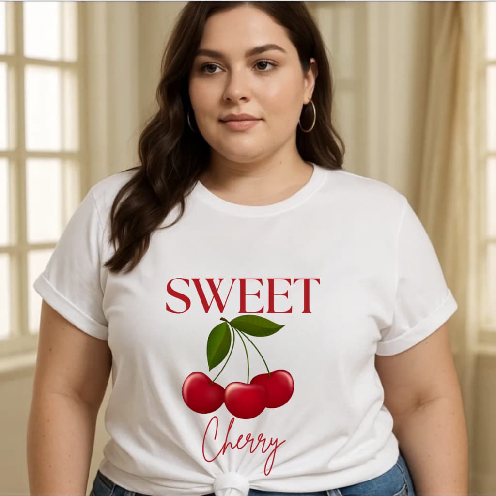 Camiseta T-shirt Blusa Plus Size Feminina Em Algodão Estampada Cereja
