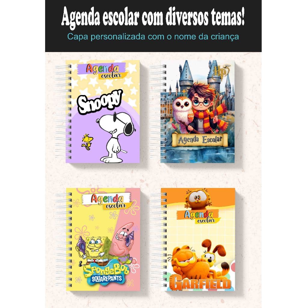 Agenda escolar vários temas menino menina personalizada com nome