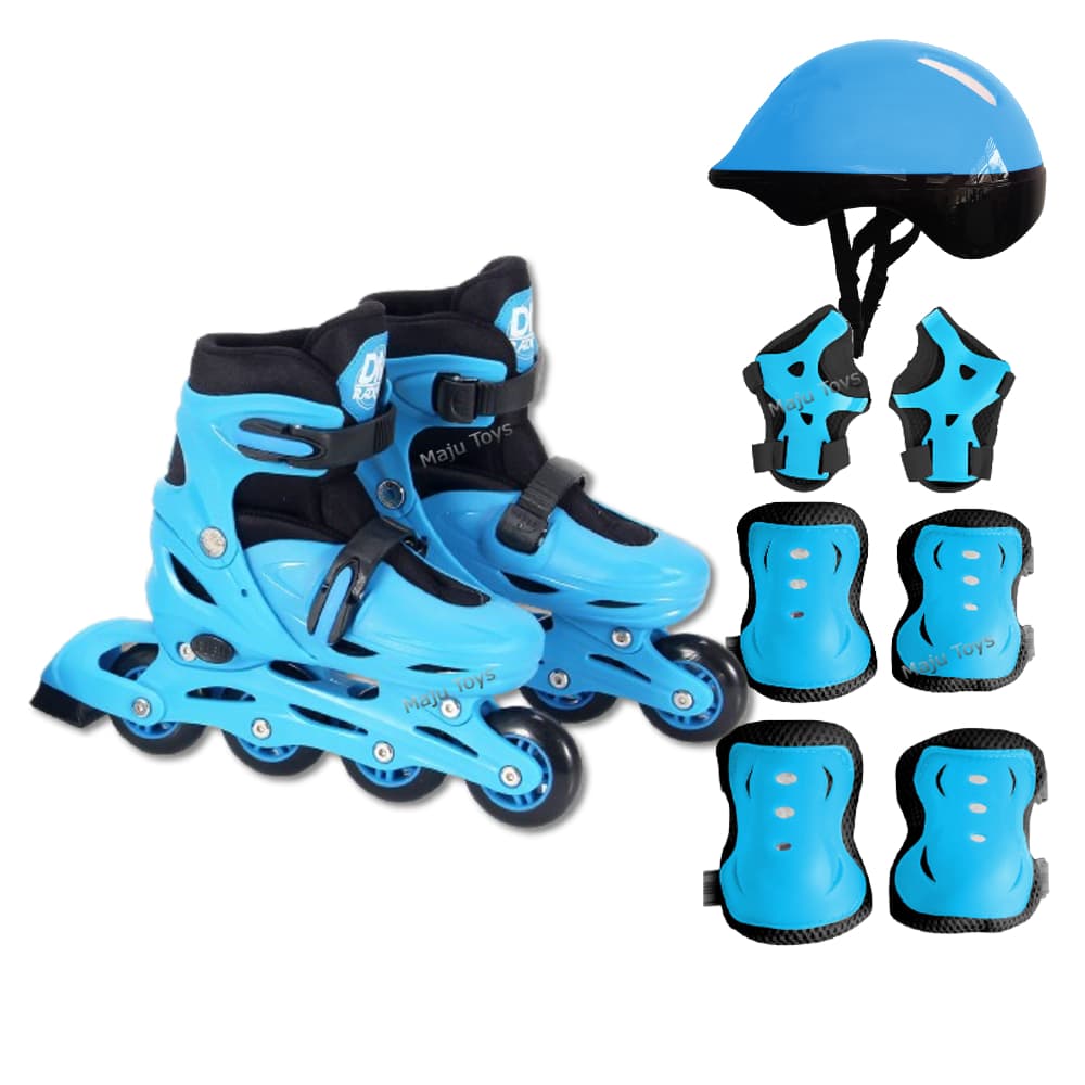 Patins Inline Infantil Azul Ajustável M (34 ao 37) + Kit Proteção 7 Pçs – Radical