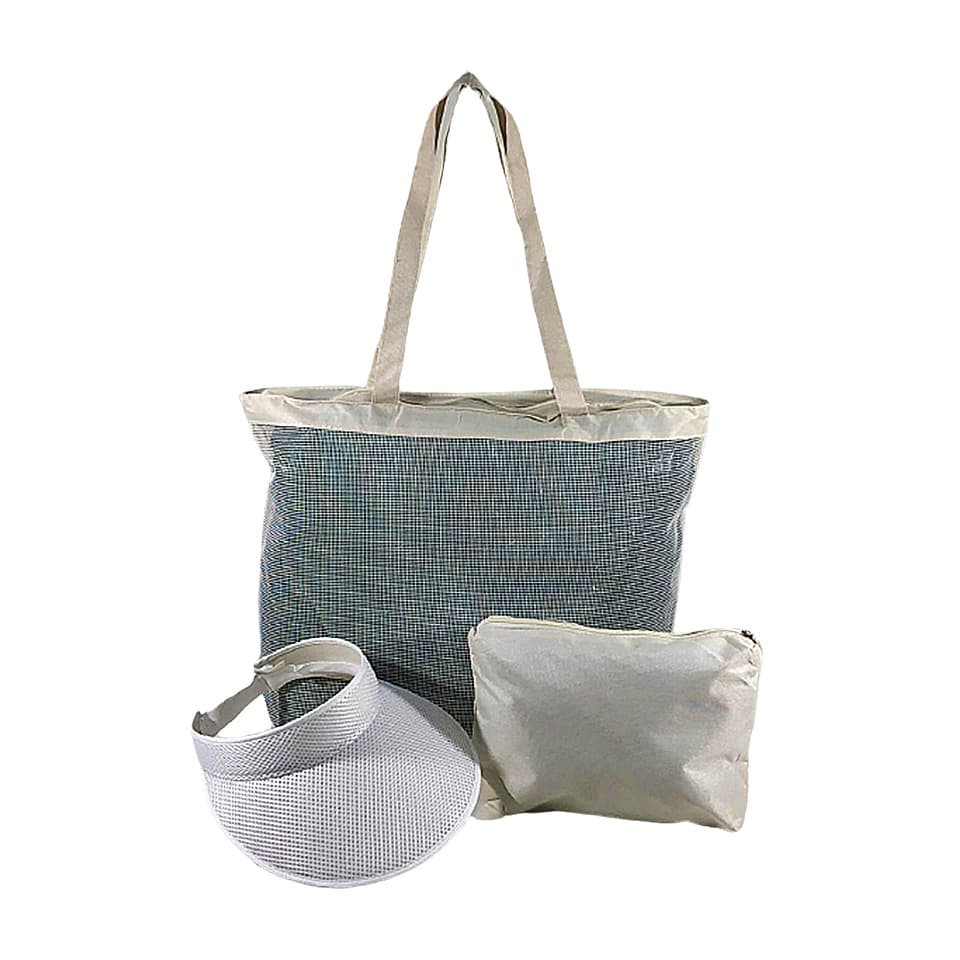 Kit Bolsa de Praia Emborrachada Creme e Viseira Feminina com Necessaire Verão
