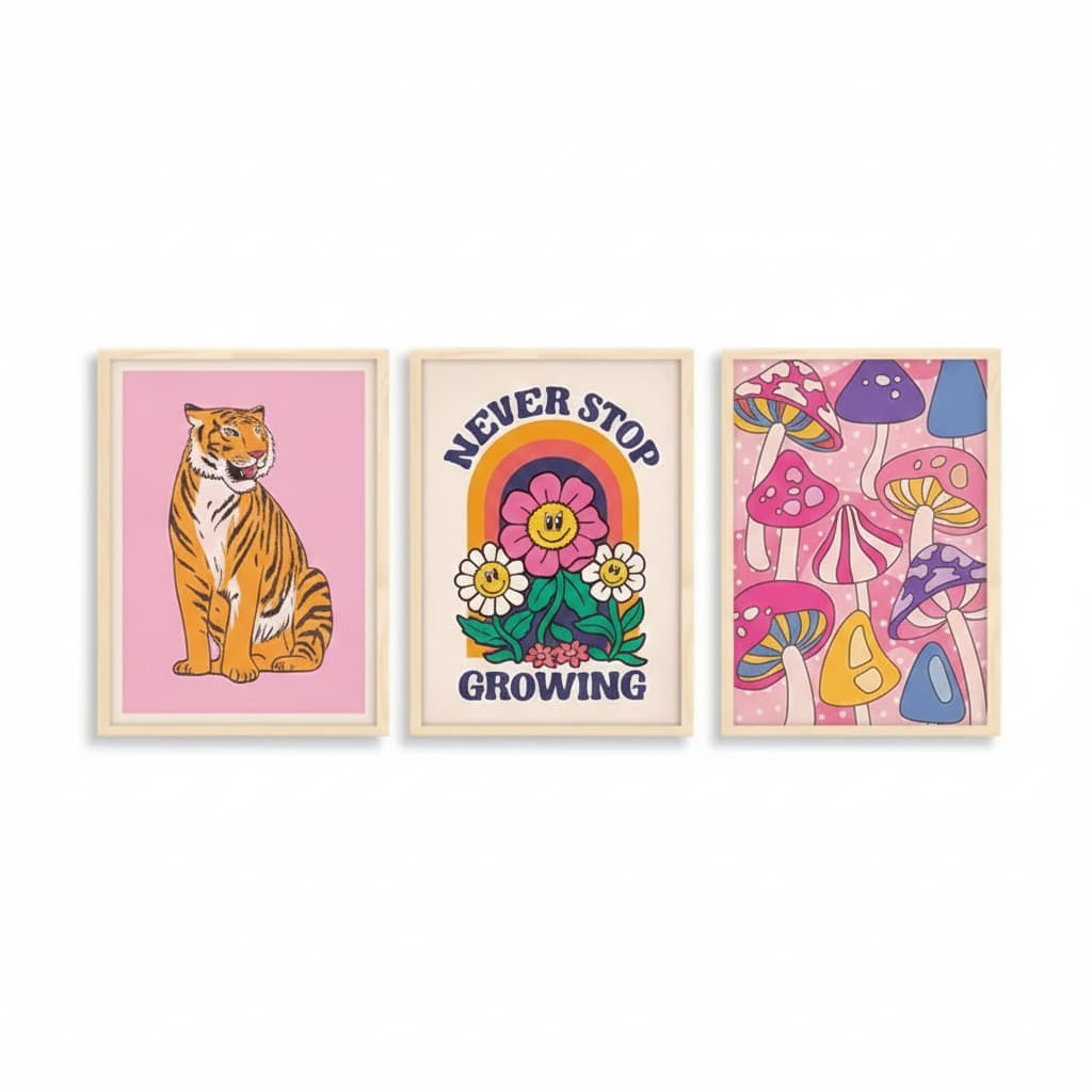 Quadros decorativos Moda rosa hippie arte (3 peças)
