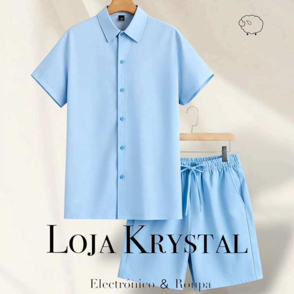 LK Camisa Conjunto lisa Masculina Slim Fite Manga Curta Férias Na Praia Bolso Botão