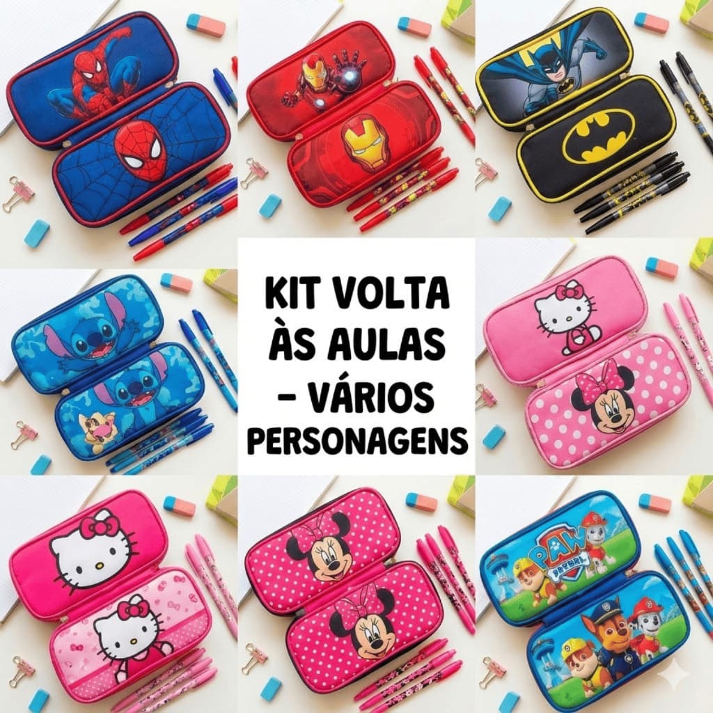 Kit Escolar Estojo + Canetas Personalizadas Personagens Stitch, Aranha, Hello Kitty, Patrulha Canina