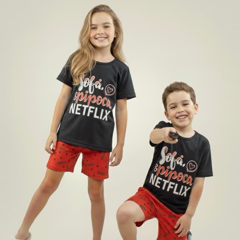 Kit 2 Pijamas Netflix Infantil Verão Masculino e Feminino Família Preto e Vermelho