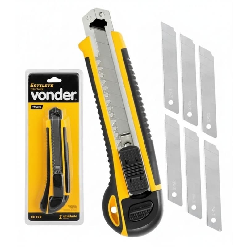 Estilete Profissional 6 Lâminas 18mm Emborrachado com Trava Vonder