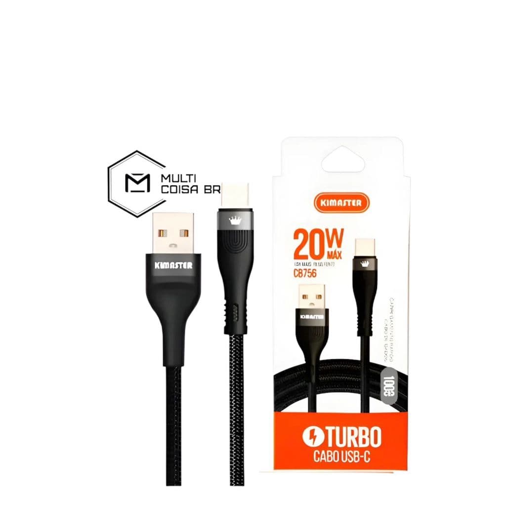 Cabo USB Tipo C Kimaster Turbo CB752C 20W 1m Carregamento Rápido Reforçado