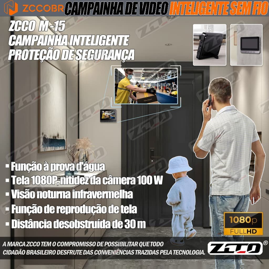 ZCCOBR Video Porteiro Interfone Sem Fio Wireless Hd C/camera E Tela