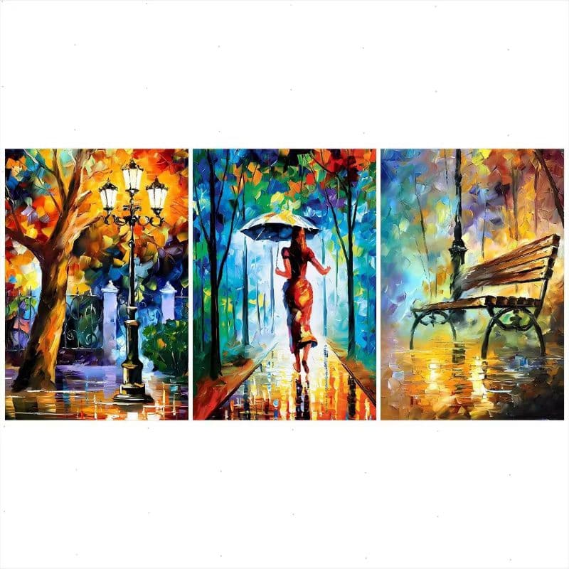 Jogo 3 Telas Decorativas Impressionistas Noite de Chuva e Cores - H.E.P Decore