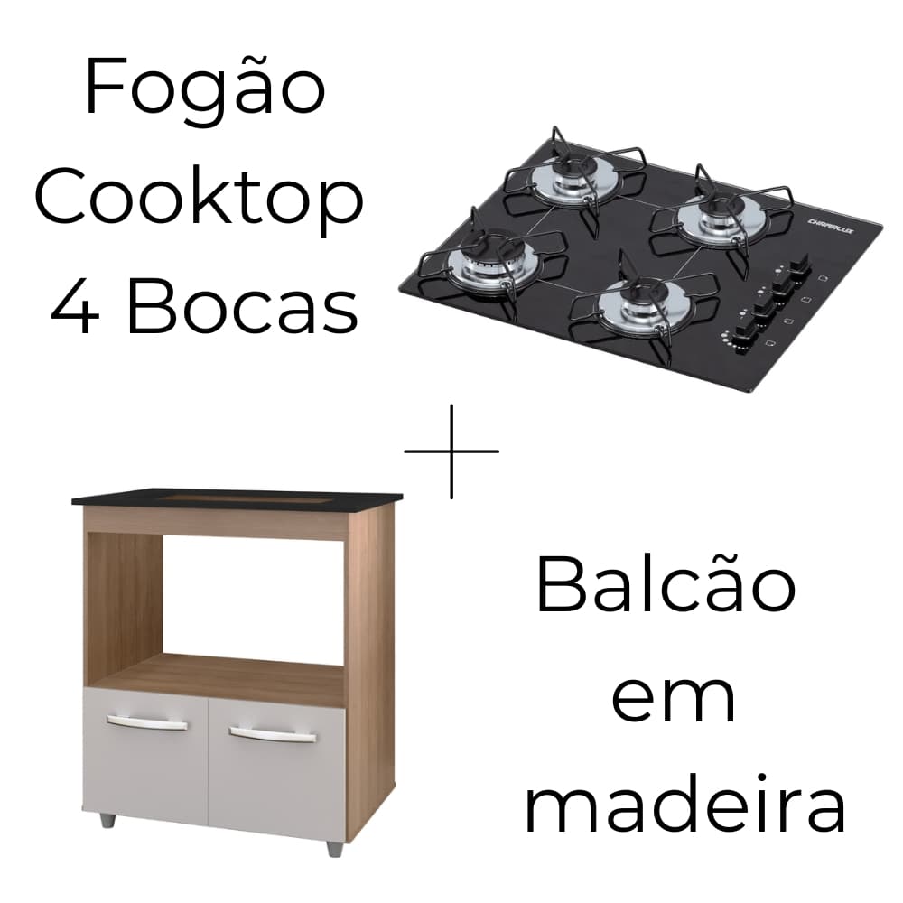 Fogão Cooktop  + Balcão em Madeira Elisa - 4 Bocas Chamalux Acendimento Automático Bivolt