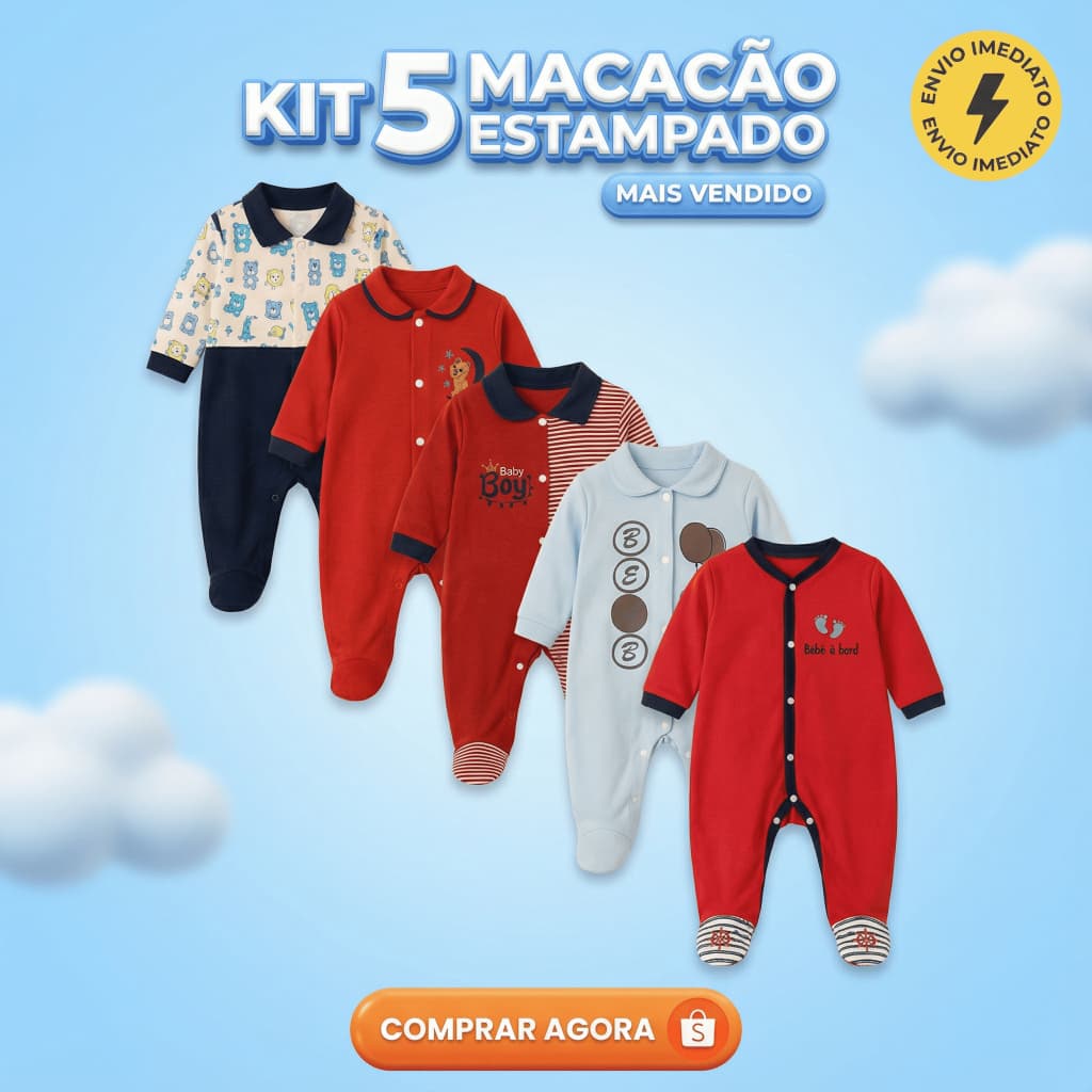 Macacão Kit 5 Menino Bebê Estampado Longo Algodão Macio Confortável Inverno Enxoval Macacões P M G