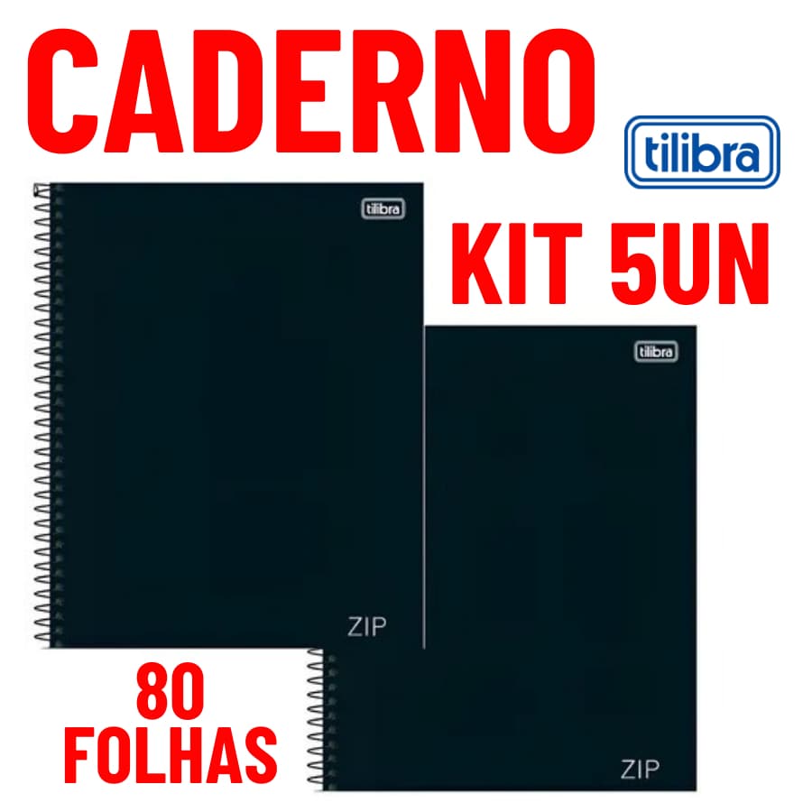KIT 5 Cadernos Zip Tilibra 20x27,5cm 80 Folhas Universitario 1 Materia Capa Dura Preto Com Pauta