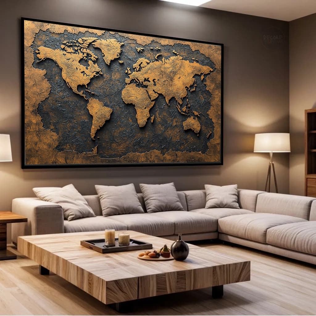 Quadro Decorativo Moderno Mapa Mundi Envelhecido Design Geográfico Luxo Com Moldura e Vidro