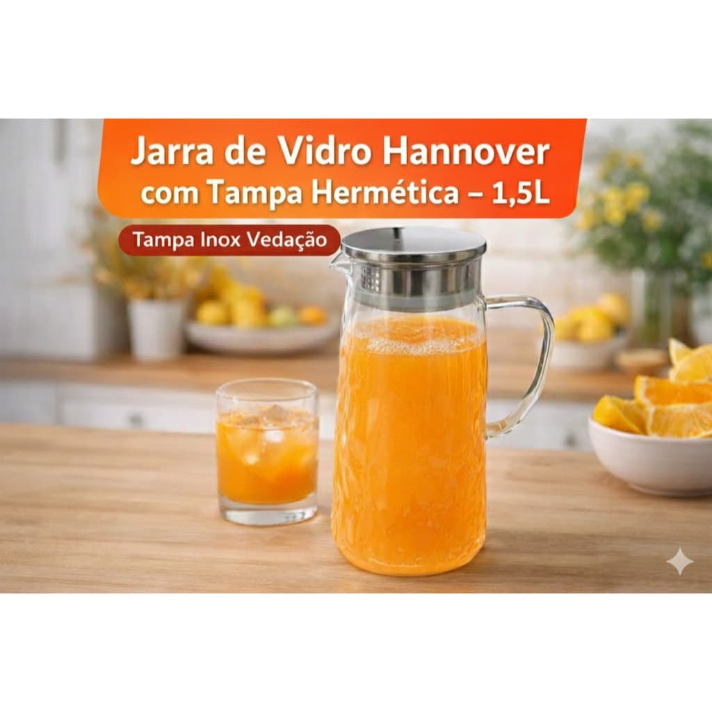 Jarra de Vidro Hannover com Tampa Hermética em Inox 1,5L Higienica água sucos refrescos Chá