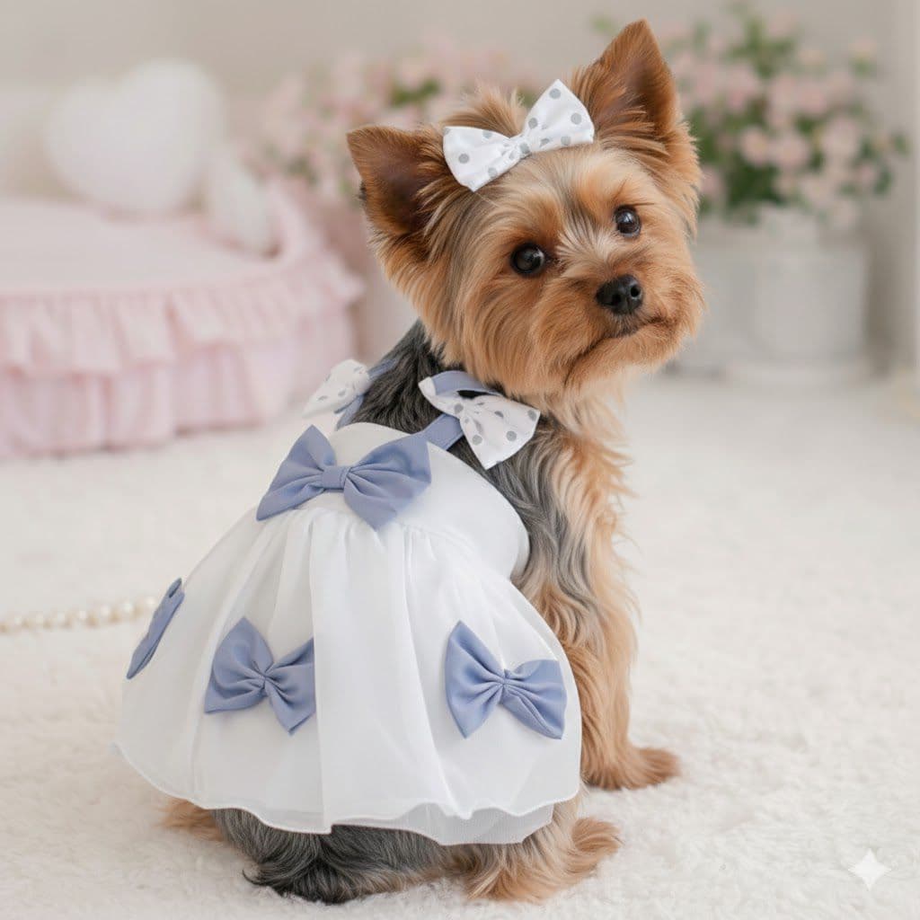 Vestido Princesa para Cachorro e Gato Vestido Pet Luxo com Laços Azul e Branco Festa Premium