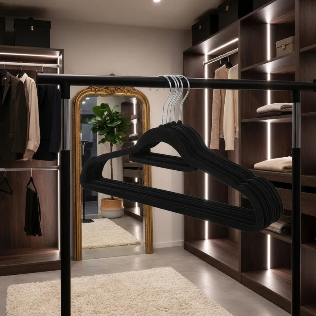 Kit 10 Cabides Slim Veludo Preto Organizador Roupas Delicadas Não Escorrega