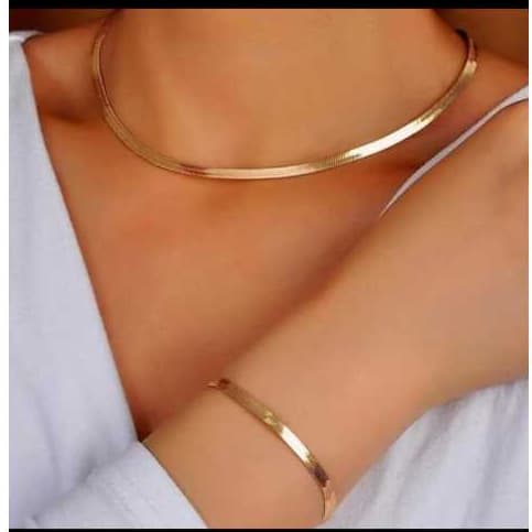 Kit Colar Laminado + Pulseira Feminina Dourado Aço Inox 316L Não Escurece Resistente