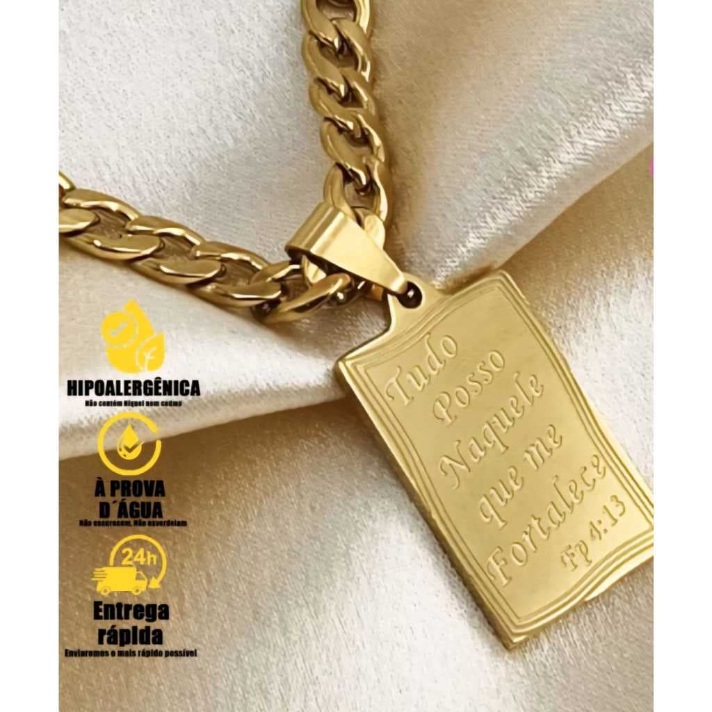 Corrente Masculina Grumet Aço Inox Dourada 60cm 5mm com Pingente Placa Tudo Posso - Inspiração Grife