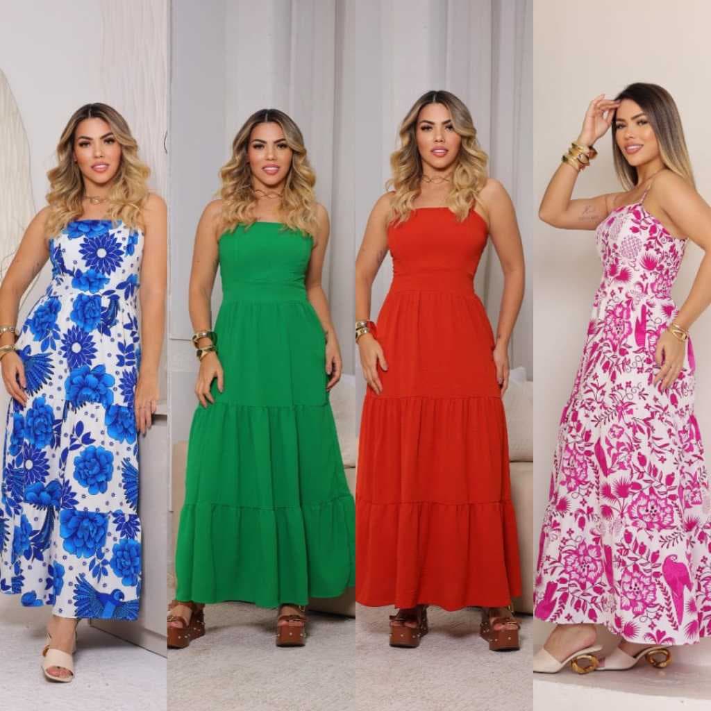 Vestido Longo Feminino Estampado e Liso com Bojo Forrado Alcinha e Lastex nas Costa