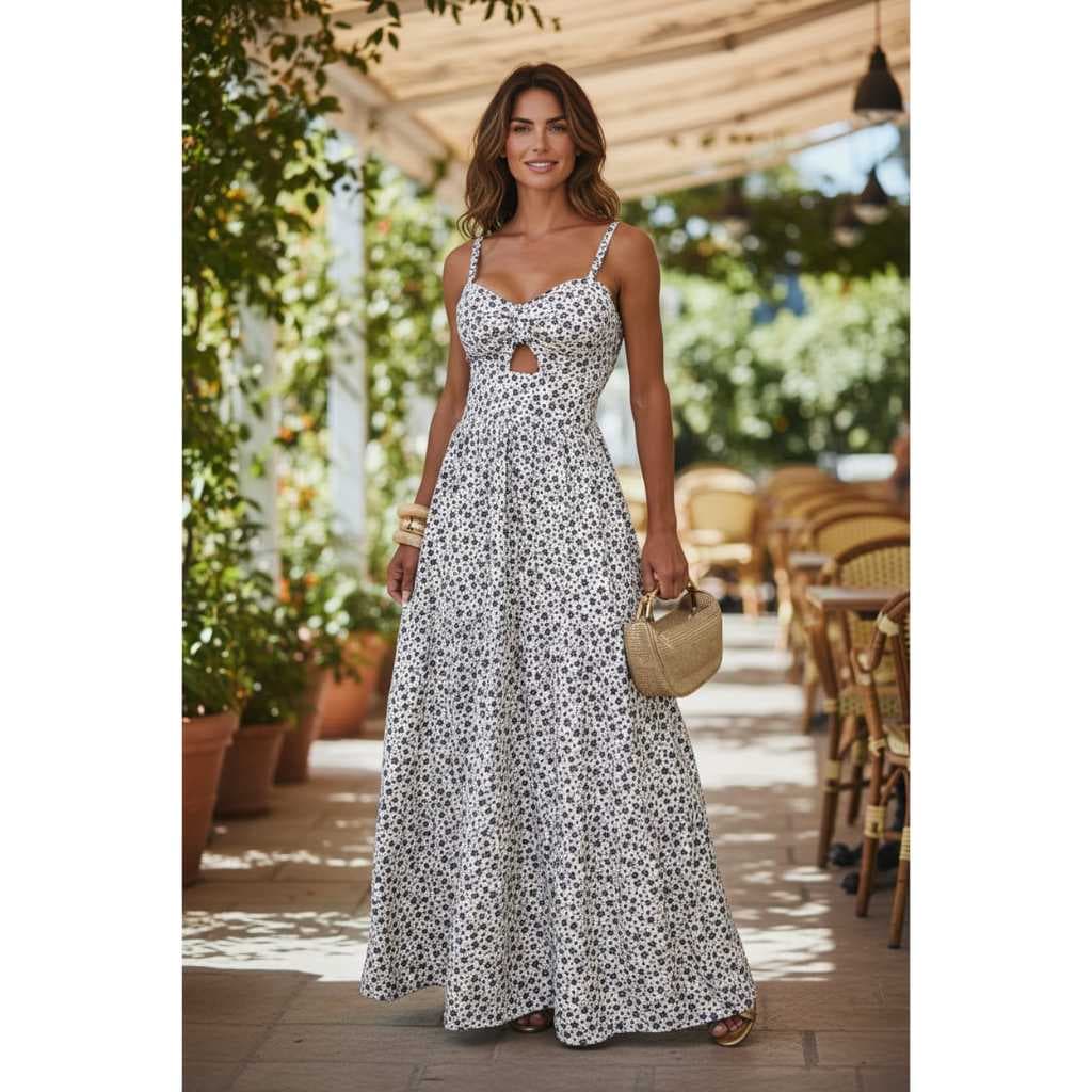 Vestido Feminino Longo Poá e Floral Vestido de Alça e Bojo Vestidos Soltinho de Verão Estampado