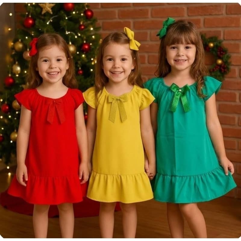 Vestido infantil Menina, amarelo - vermelho - verde,  tamanho 02 a 06 anos. Vestido de moda evangélica com laço.