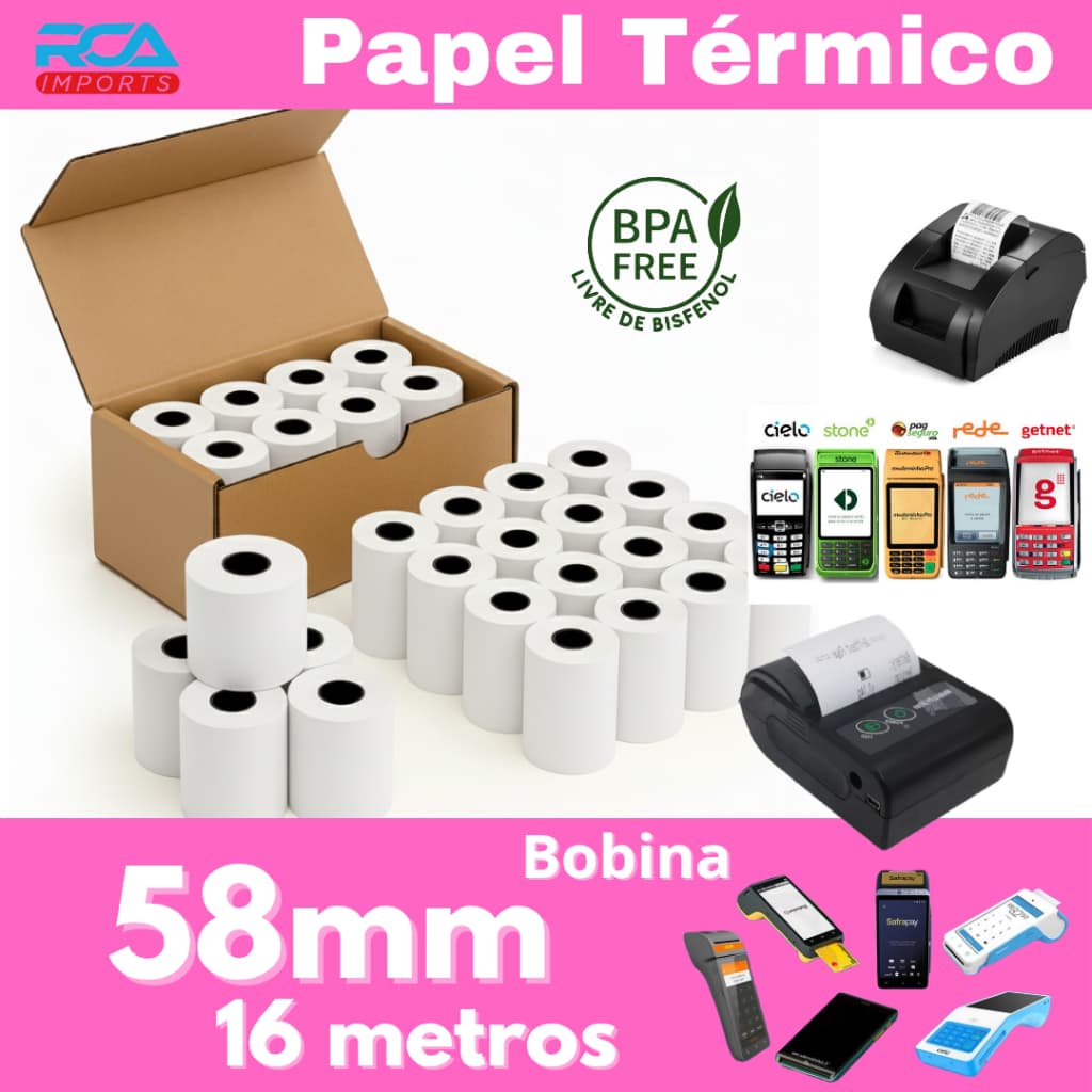 Papel Bobina Térmica para mini impressora 58mm e maquininha de cartão