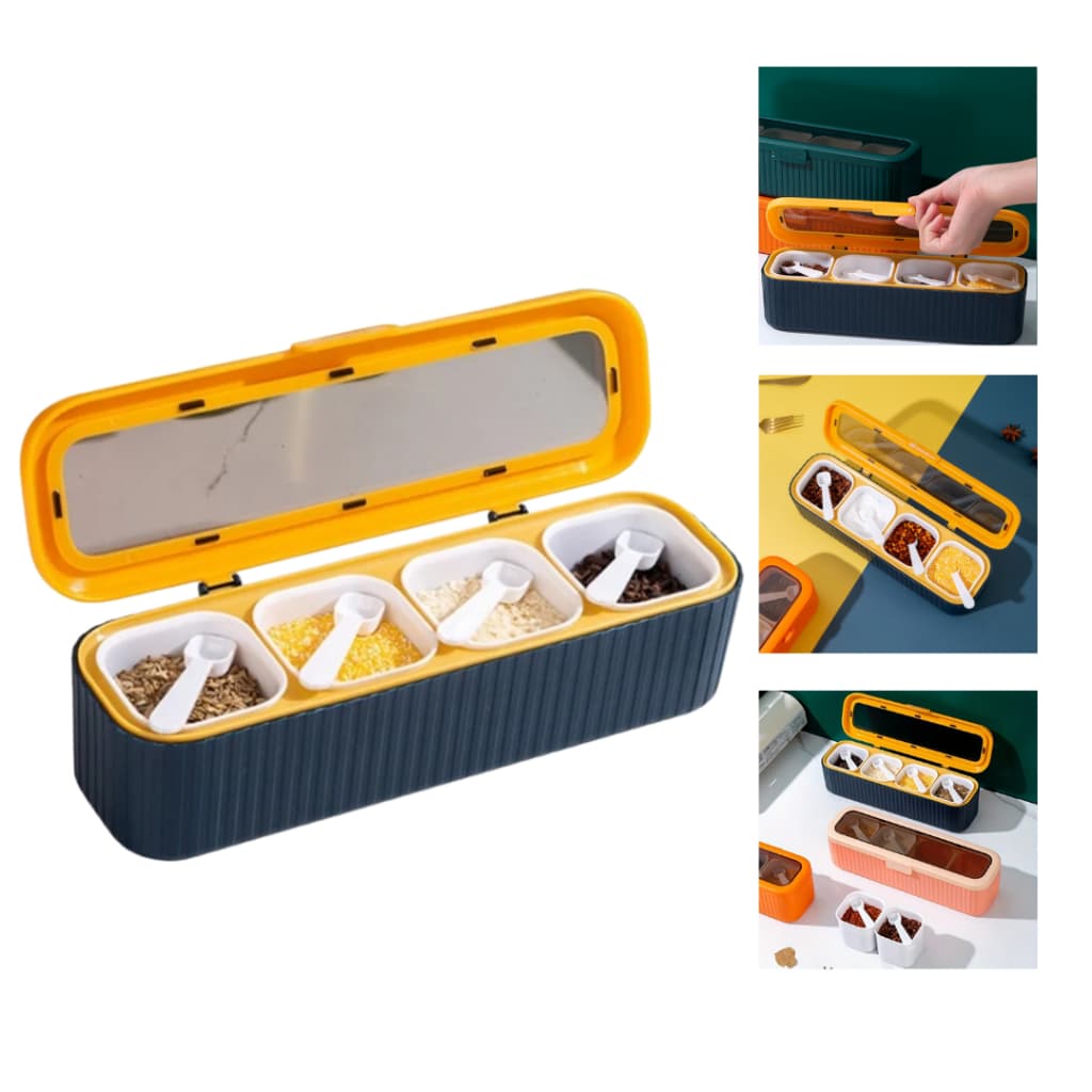 Porta Temperos 4 Divisórias com Colher Medidora – Organizador de Temperos para Cozinha