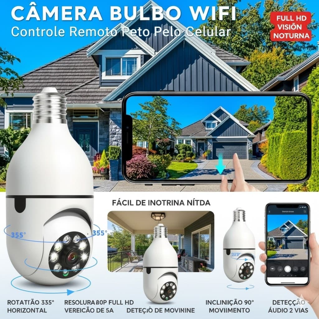 1 UNIDADE - Câmera Lâmpada de Segurança Vigilância IP Wi-Fi 360° Visão Noturna FullHD Bivolt