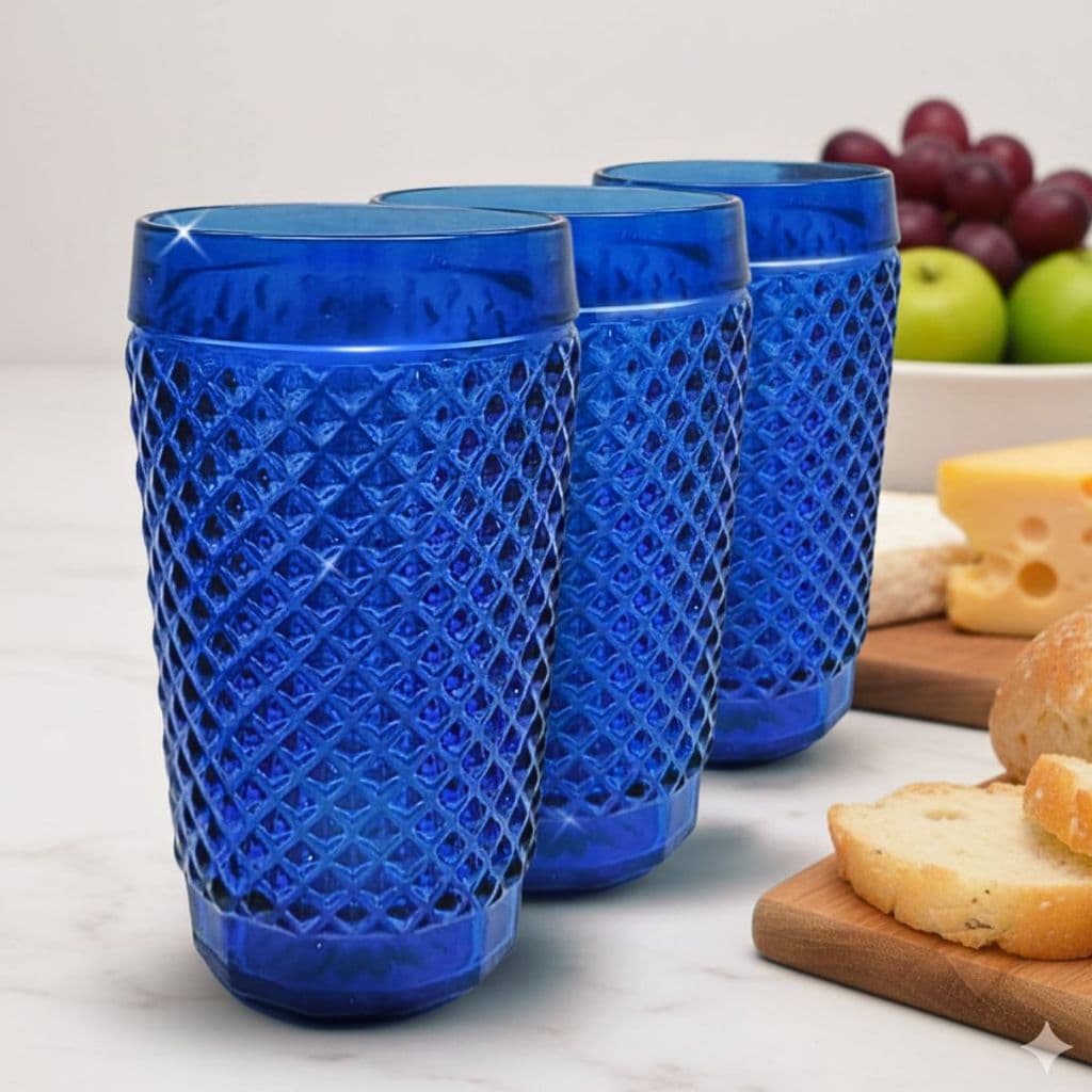 Conjuntos Copos 255 ml Vidro Azul transparente Barroco Suco Água Kit 3, 6