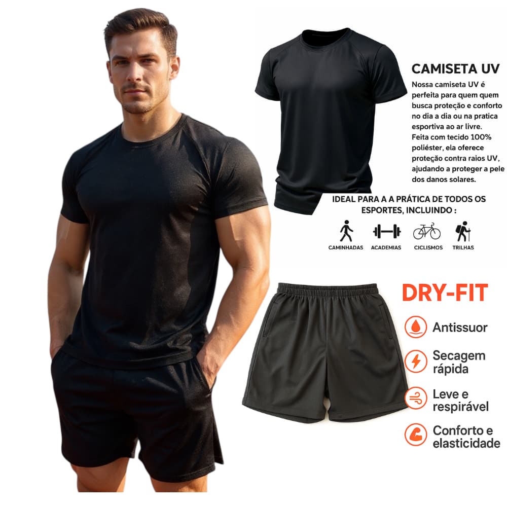 Kit Camiseta Dry Fit Raglan e Bermuda Curta Dry Fit Premium Masculina | Academia Treino Leve Respirável Antissuor
