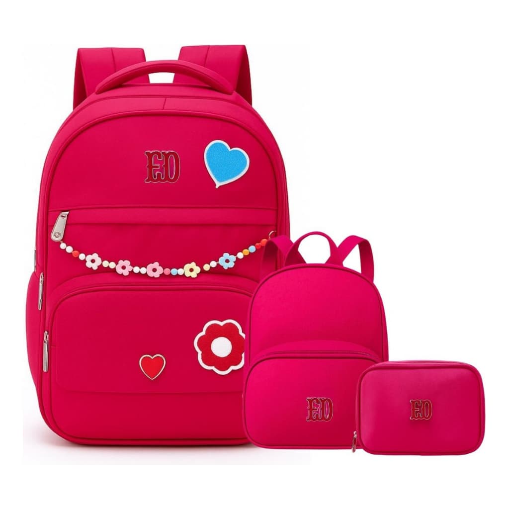 Kit Mochila De Costas, Lancheira e estojo Juvenil Feminino Escolar 3 Peças Com Pingente
