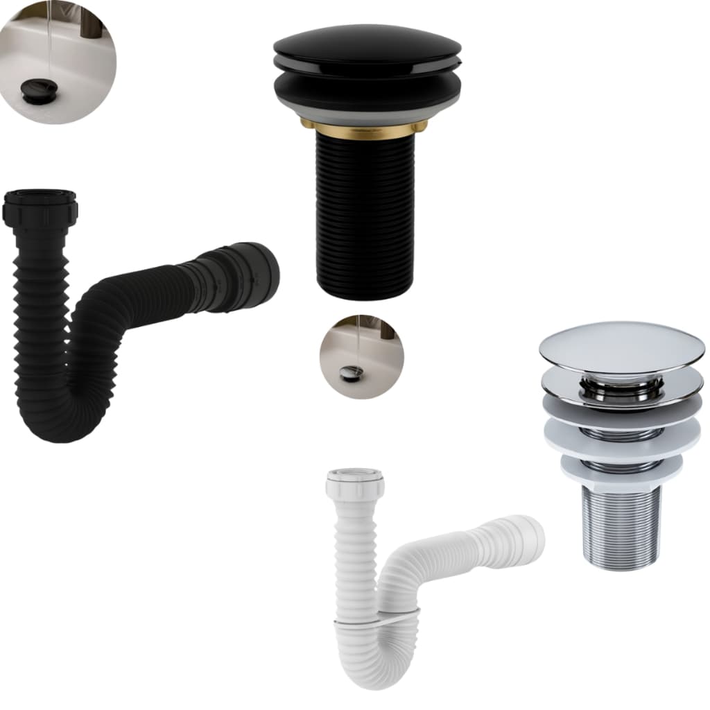 Kit de Banheiro em ABS- Ralo Válvula click 7/8 + Sifão Flexível Sanfonado Universal Preto/Cromado