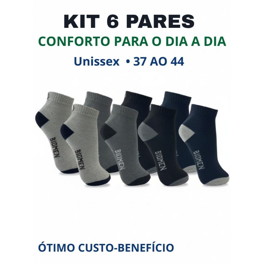 Kit 6 Pares Meia Cano Curto Unissex Algodão Bio Men 37 ao 44 Conforto