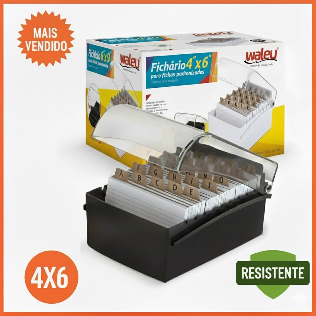 Fichário de Mesa Maxcril 4x6 Preto Organizador com Divisória para Fichas Pautadas Escritório Waleu