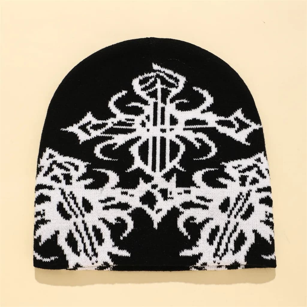 Chapéu Jacquard Unissex Preto com Design Único de Aranhas e Crânio