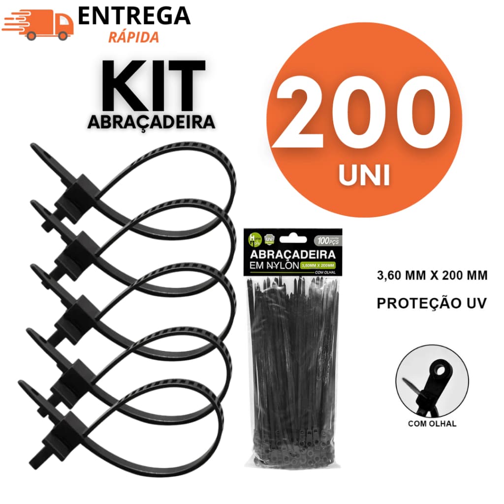 Abraçadeira Plástica 3,6mm X 200mm Nylon Com Olhal Para Prender Cabos Uso Profissional