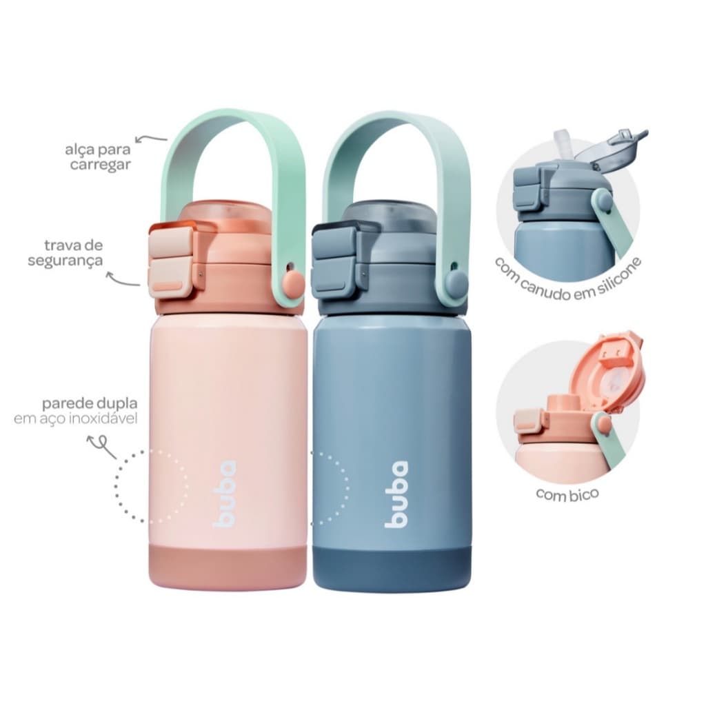 Garrafinha Térmica Parede Dupla BUBA, 360ml - copo térmico com bico e canudo Blush